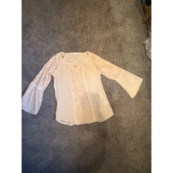 Westport Womens Cream Lace Boho Blouse Long Bell Sleeve Split Neck Top Small - Picture 4 of 10